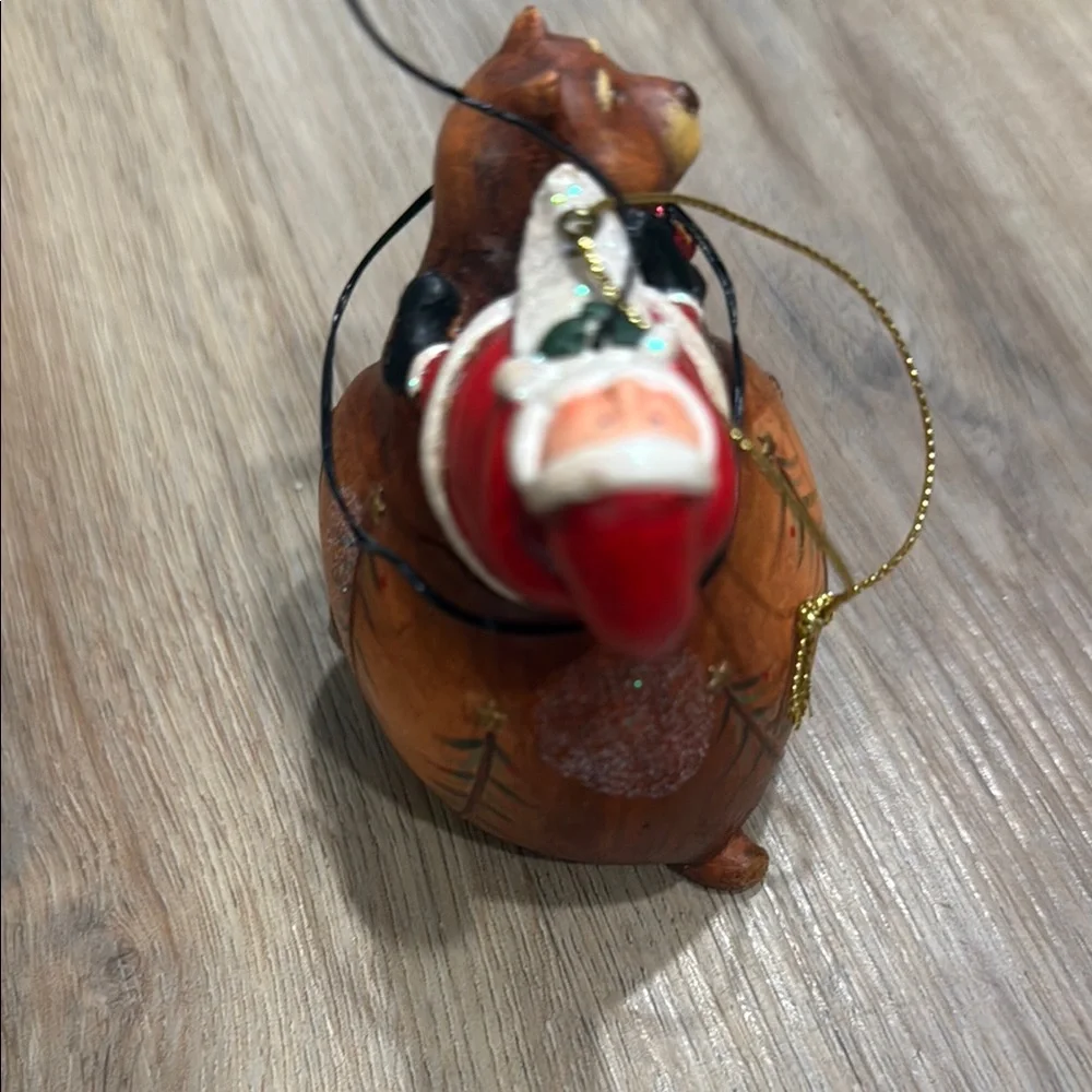 Whimsical Santa Claus on Brown Bear Christmas Tree Ornament VINTAGE